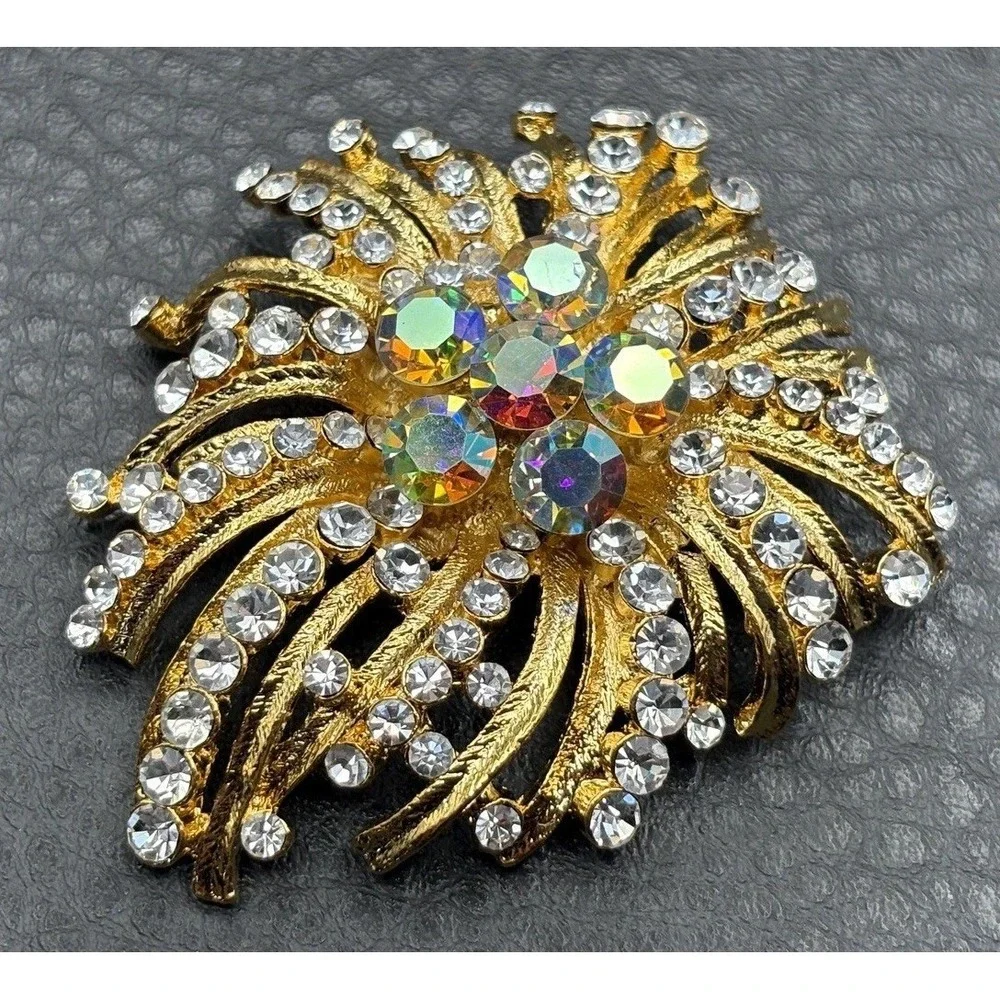 HUGE Aurora Borealis AB Crystal Rhinestone Sunburst Gold Tone Brooch Pin